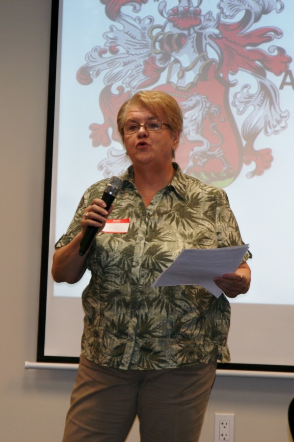 Association Historian Elaine Renkin speaking at the 94th annual Family Reunion.