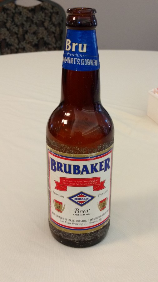 A cousin brought in this artifact.  Brubaker Beer was produced until the early 2000's by Lion Brewery, Inc. of Wilkes-Barre PA.
